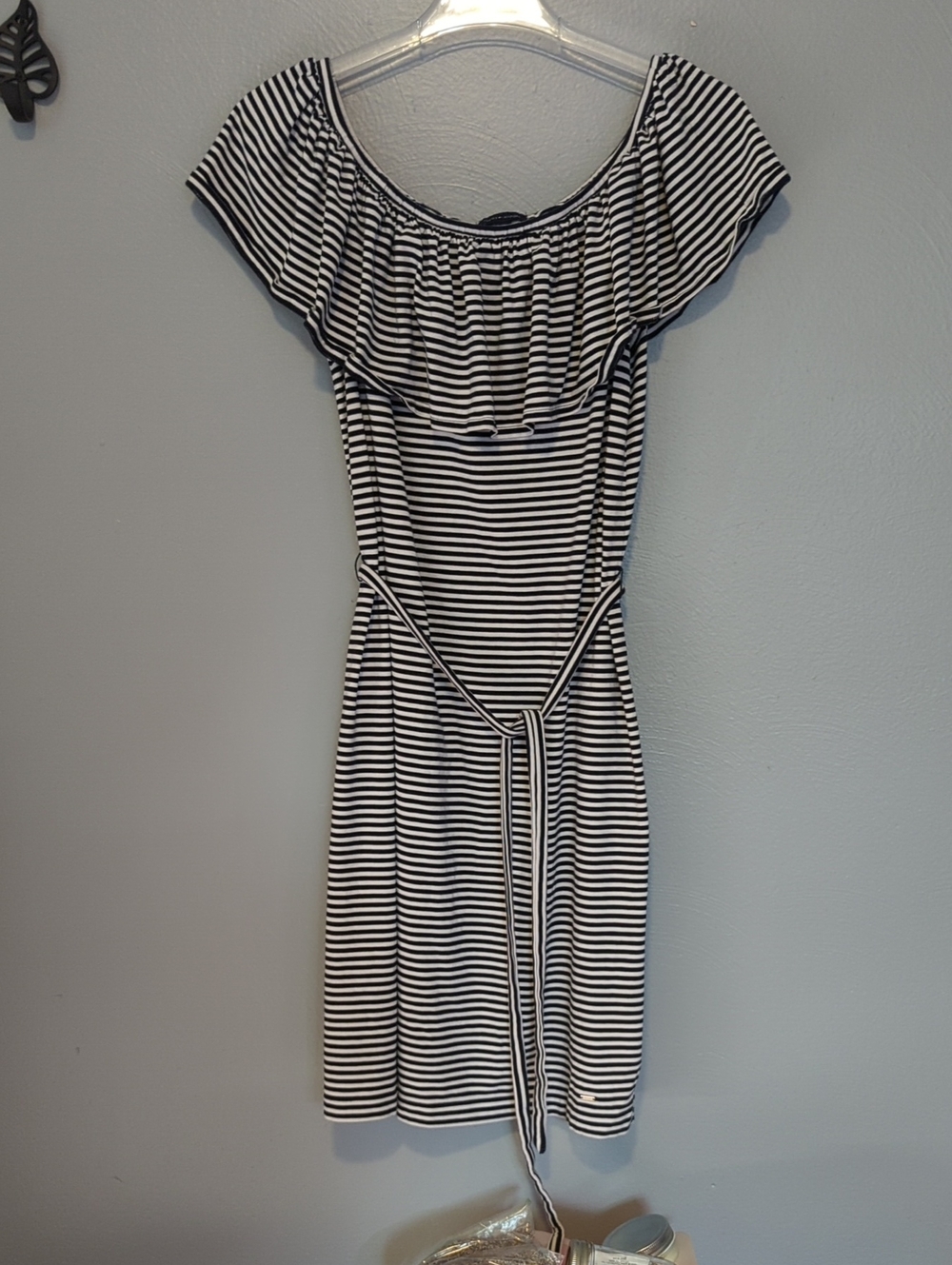Tommy Hilfiger Ruffle Top Off The Shoulder Nautical Stripe Dress Large L